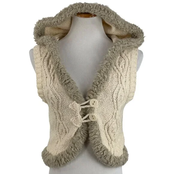 Vtg Y2K Old Navy Cream Cable Knit Faux Shearling Trim Hooded Boho Sweater Vest L - Picture 4 of 16
